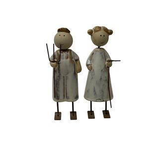 Whimsical Stoneware Farmer and Wife American Gothic Inspired Damaged Hat